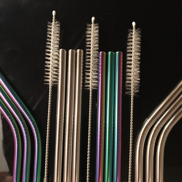 Re-usable chrome neon straws straight or angled + Brush